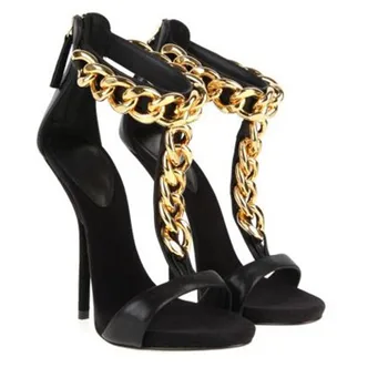 Shofoo pantofi.Noi și elegante pantofi pentru femei, din tesatura de culoare neagra, lant de aur, sandale stiletto, doamnelor sandale, pantofi pentru femei. DIMENSIUNE:34-45