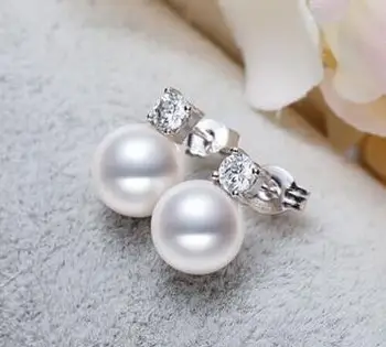 Transport gratuit>>>>nobil bijuterii charming10-11mm natural rundă de sud a mării alb stud perla cercei 925s
