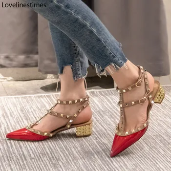 Nit Vara Tocuri Sandale Pantofi Femeie de Bază 2021Red din Piele de Brevet Nit Sandale de Moda Pantof Petrecere Mid Femei Pantofi cu Toc Sandale