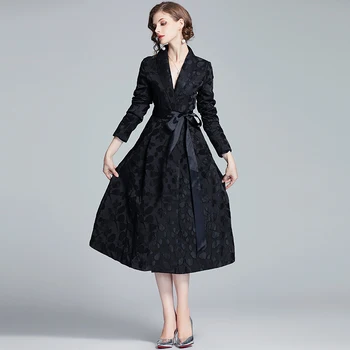 Noua Epocă Elegant Pentru Femei De Moda Jacquard Slim Tunica Șanț Rochie Office Lady Maneci Lungi Rochii Midi Îmbrăcăminte Eșarfe
