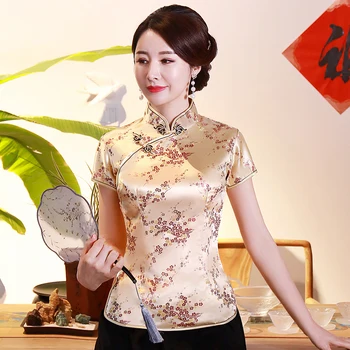 Bleumarin cu Flori Tricou Supradimensionat 3XL 4XL Scena Show-Bluza Tradițională Chineză Stil Subțire Satin Top Clasic Haine cu Maneci Scurte