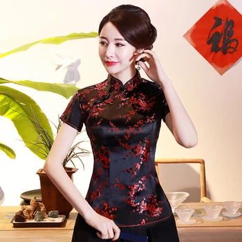 Bleumarin cu Flori Tricou Supradimensionat 3XL 4XL Scena Show-Bluza Tradițională Chineză Stil Subțire Satin Top Clasic Haine cu Maneci Scurte