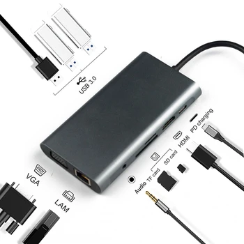 10 în 1 USB C HUB, Multi-Funcție Docking Station, USB C Hub PD Încărcare Rapidă, pentru PC, Laptop, TV, Etc.