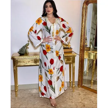 Eid Musulman Femei de Moda cu Rochii Rochie Caftan Islamice pentru Femei Florale Imprimare Șifon Maxi Vestido Dubai Arabe, Turcia Caftan Halat