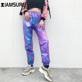 IAMSURE Laser Reflectorizante Bomboane Pantaloni Hip Hop de Talie Mare Pantaloni Femei Joggeri Streetwear Piesa de Dans Pantaloni Jos Vară 2020