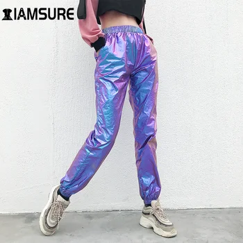 IAMSURE Laser Reflectorizante Bomboane Pantaloni Hip Hop de Talie Mare Pantaloni Femei Joggeri Streetwear Piesa de Dans Pantaloni Jos Vară 2020