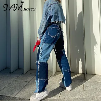 IAMHOTTY Mozaic Largi y2k Blugi Femei Rupt Largi Picior Joggeri Direct Înaltă Talie Pantaloni Femei Vintage Denim Streetwear 2020