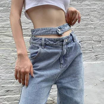 Femei Hollow Out Pantaloni din Denim Sexy Talie Inalta Blugi Largi sweetwear Moda 2021 de Vară, de Toamnă Drept-picior Femei Pantaloni