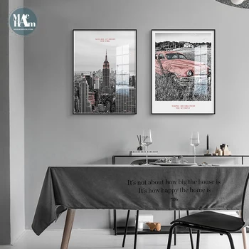 Nordic NEW YORK Alb Negru clădire de Perete de Arta Canvas Postere și de Imprimare Mașină Roz Panza pentru Camera de zi Morden peisaj Decor