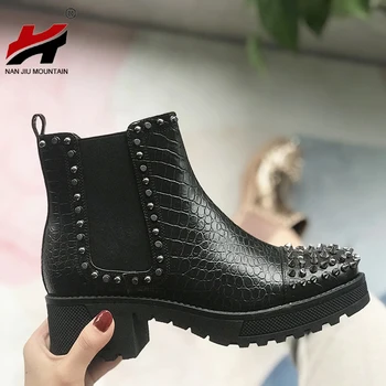 NAN JIU MUNTE 2020 Femei Cizme Martin Manual Toamna Pantofi de Culoare Solidă Nituri Mijlocul Moda Toc Confortabil, Plus Dimensiunea 41