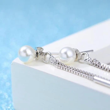 OMHXZJ en-Gros Bijuterii Simplu Moda star pentru Femei Cadou Pearl Argint 925 Linie Dublă Tassel Cercei Stud YS242