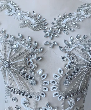 Manual complet corpul argint pietre aplicatiile coase pe alb margele de cristal patch-uri pentru rochie de mireasa accesorii