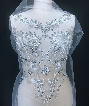 Manual complet corpul argint pietre aplicatiile coase pe alb margele de cristal patch-uri pentru rochie de mireasa accesorii