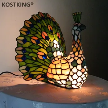 Tiffany Lampa de Masa LED Păun Vitralii dormitor noptieră cu lampă, Lămpi de Birou Art Home deco mariage luminaria Lumina
