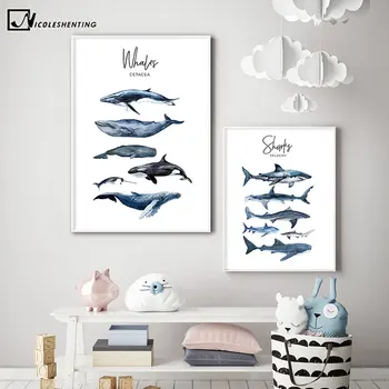 Nautice Mare Pepinieră Pictura Rechin Balena Panza Poster Art Animal Print Educație Poza Perete Nordic Copil Decor Dormitor Pentru Copii