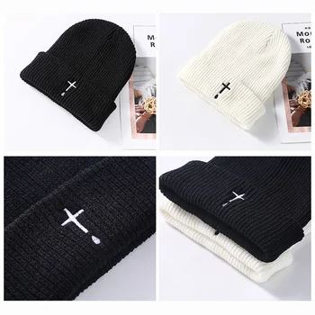 Noua Moda de Iarna Casual Căciuli de Lână Capace de Pălării Tricotate Gorros Bonete Broda Cruce Neagră Chelioși Unisex Ține de Cald pălărie