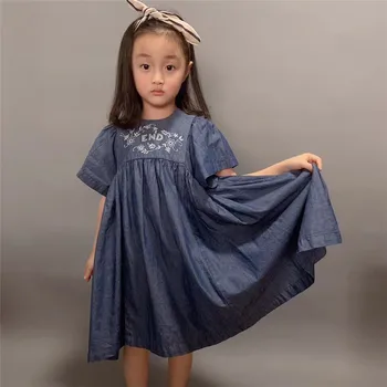 2019 Noi De Vara Si De Primavara Albastru Denim Bumbac Rochie Fete Copii De Școală Stil Marci De Bumbac Albastru Blugi Flare Dress Mâneci