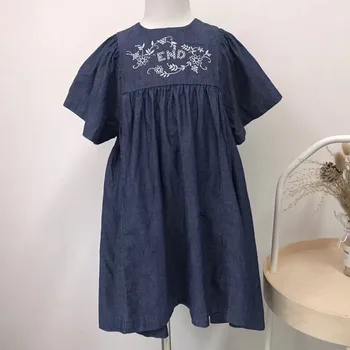 2019 Noi De Vara Si De Primavara Albastru Denim Bumbac Rochie Fete Copii De Școală Stil Marci De Bumbac Albastru Blugi Flare Dress Mâneci