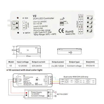 Controler LED RF 12V LED Dimmer 24V 2 CANALE 2.4 G Singură Culoare CCT Banda de Lumina LED Dimmer Controler de la Distanță fără Fir cu Suport V2
