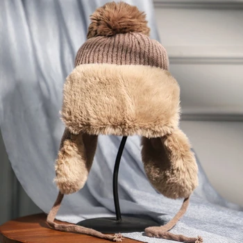 KLV Femei de Iarnă Tricot Pom Pom Trapper Hat Gros Pufos de Pluș Termic Cald de Schi de Zăpadă Vânt Culoare Solidă Beanie Earflap Cap