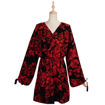 Florale Imprimare Rochii pentru Femei 2020 Casual Toamna V-gât Roșu Negru Rochie a - Line Imprimare Vestidos Elegant Talie Mare Strawberry Dress