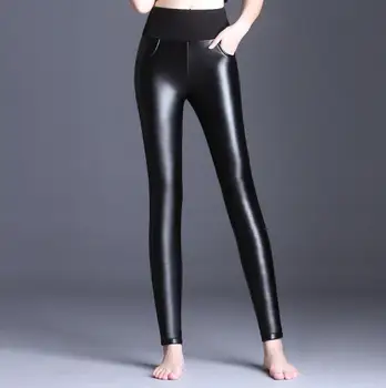 Moda Pantaloni de Piele Femei Pantaloni Talie Mare 2019 Toamna Iarna Noi Catifea Jambiere din Piele Creion Negru Elastic PU Pantaloni