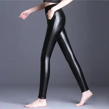 Moda Pantaloni de Piele Femei Pantaloni Talie Mare 2019 Toamna Iarna Noi Catifea Jambiere din Piele Creion Negru Elastic PU Pantaloni
