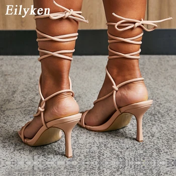 Eilyken Noua Moda V-gât Design Sandale Femei Summer Square Toe Stilet Tocuri Glezna Dantelă Sus Doamnelor Rochie de Petrecere Pantofi Size42