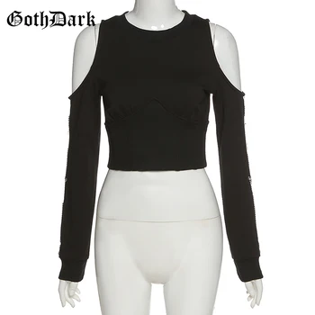Goth Întuneric Umăr Rece Gotic Hanorac Negru Cu Maneci Lungi, Mozaic De Culturi Pulovere Femei Slim Cu Lanț Moda Streetwear