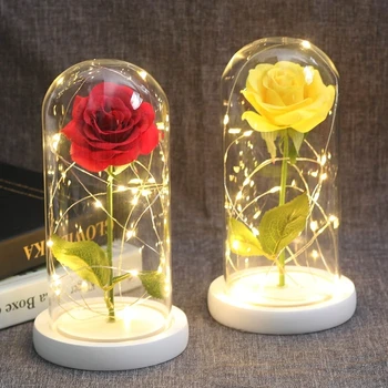 6 Culoare frumoasa Si ia Trandafir Roșu Într-O Cupolă de Sticlă Pe O Bază de Lemn Pentru Cadouri de Valentine LED-uri a Crescut Lămpi de Crăciun