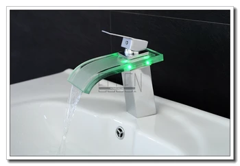 LED Robinet Baie Cascada de Sticlă Chiuvetă Mixer 3 Temperatura de Culoare de Control Finisaj Cromat