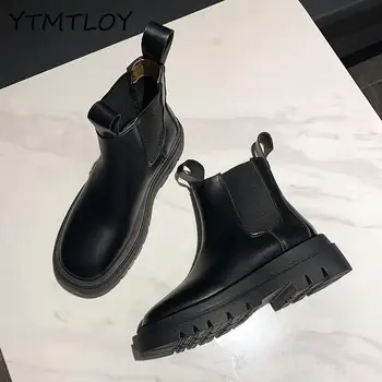 2020 Nou Fund Gros Negru Glezna Cizme Pentru Femei Din Piele Neagră Platforma Casual Pantofi Pentru Femei Rotund Toe Boots Femei