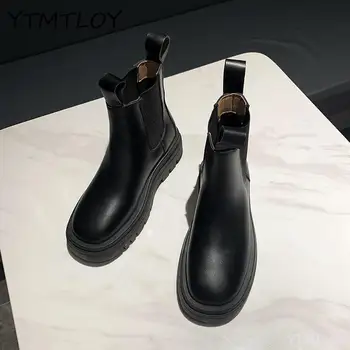 2020 Nou Fund Gros Negru Glezna Cizme Pentru Femei Din Piele Neagră Platforma Casual Pantofi Pentru Femei Rotund Toe Boots Femei
