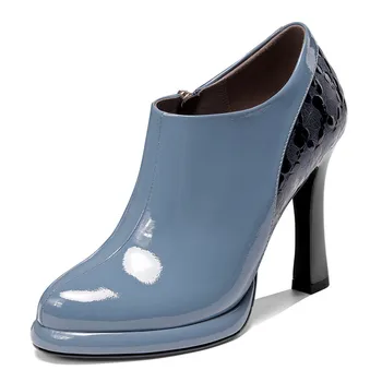 ANNYMOLI Tocuri inalte Pantofi Femei Naturale din Piele Toc Gros Pantofi de Partid de Vacă din Piele de Brevet cu Fermoar Pompe Lady Marimea 39