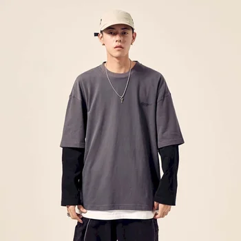 Noul T-shirt pentru Bărbați Streetwear Fals din Două piese cu mâneci Lungi Stil coreean Daisy Imprimare Tide Marca Compasiune Bottom Topuri Largi
