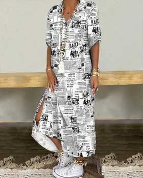 Noul 2020 moda elegant rever doamna butonul print rochie sexy cu maneci scurte fantă