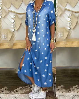 Noul 2020 moda elegant rever doamna butonul print rochie sexy cu maneci scurte fantă