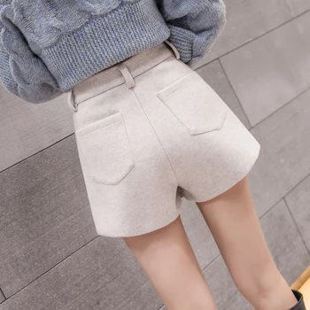 Toamna Femei coreene Fund de Mare Talie O-linie de Lână, pantaloni Scurți, Fuste cu Buzunare Moda de Iarnă Singur Pieptul Pantaloni scurti Femei