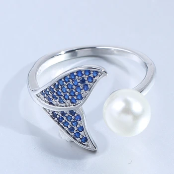 Moda Sterling Reglabil Coadă de Pește Sirena Perla de Logodna Inele Deschise pentru Femei Albastru Cz Inele de Nunta