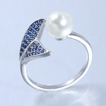 Moda Sterling Reglabil Coadă de Pește Sirena Perla de Logodna Inele Deschise pentru Femei Albastru Cz Inele de Nunta