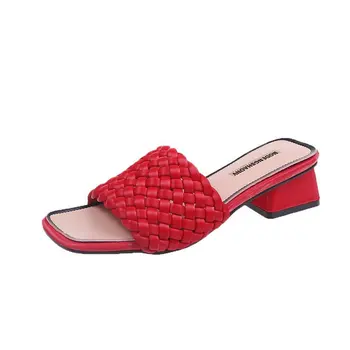 Țesute PU Square Toe cu Toc Papuci Pantofi de Vara pentru Femei de Moda Indesata Toc, Deget de la picior Deschis Slide-uri de Femei Sandale în aer liber 2020