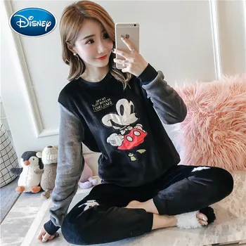 Desene animate Disney Mickey Minnie Imprimare Toamna Iarna Negru Pijamale Femei Gros Coral Fleece Drăguț Flanel cu mâneci Lungi Acasă Set Cadou