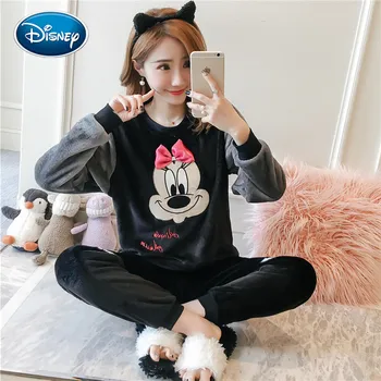 Desene animate Disney Mickey Minnie Imprimare Toamna Iarna Negru Pijamale Femei Gros Coral Fleece Drăguț Flanel cu mâneci Lungi Acasă Set Cadou