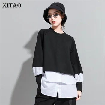 XITAO Femei T Shirt 2020 Pulover Cutat Zeita Fan Stil Casual Mici Proaspete Complet Maneca Mozaic Neregulat Tee DZL2188