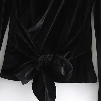 ZA 2021 Negru Vintage Chic Bază Solidă de Catifea, Bluze Arc Retro Dulce Elegant All-Meci Vrac Birou Doamnă Camasa Casual