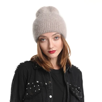 2020 Nou 30% Blana De Iepure Beanie Hat Pentru Femei Pălării De Iarnă Bling Paiete Tricotate Cald Chelioși Căciuli Pentru Femei Gorros Capac De Sex Feminin