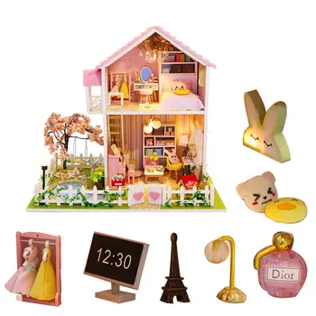 Pink doll casa de gradina din lemn vila in miniatura păpuși kit accesorii mobilier lemn casa de jucărie pentru copii poppenhuis lampa