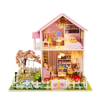 Pink doll casa de gradina din lemn vila in miniatura păpuși kit accesorii mobilier lemn casa de jucărie pentru copii poppenhuis lampa