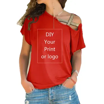 Personalizate Print T Camasa pentru Femei DIY ca Fotografie sau Logo-ul Top T-shirt Femme Neregulate Oblic Cruce Bandaj Marimea S-5XL Tees
