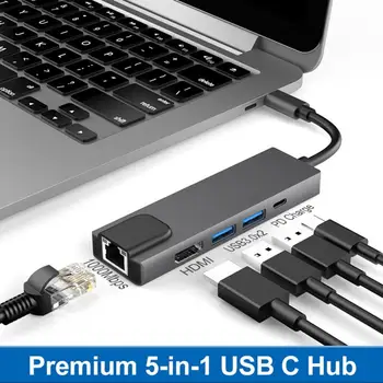 Portabil 5-în-1 Gigabit Ethernet Lan RJ45 Tip C Hub pentru 4K HDMI USB 3.0 PD USB-C Docking Station